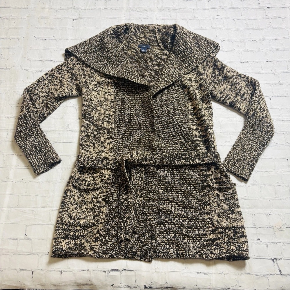 GAP Women’s M Lambswool Cotton Longline Duster Sweater Brown Tan Belted Pockets